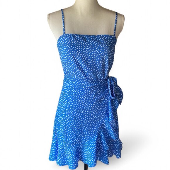 Hello Molly Down To Georgia Blue White Polka Dot Ruffle Wrap Preppy Mini Dress M - Picture 1 of 12